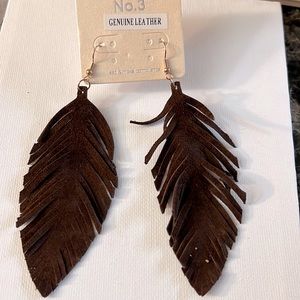 Brown Leather feathered Earrings NWT